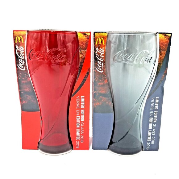 Coca-Cola Red and Gray Glasses 2018 McDonald's Exclusive- Raised Lettering NIB - Picture 1 of 6